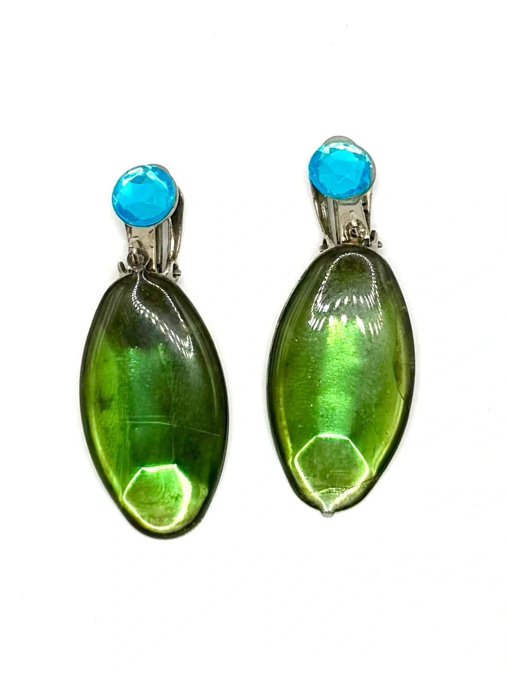 Vintage Mid Century Iridescent Green Molded Plastic Drop Clip on Earrings